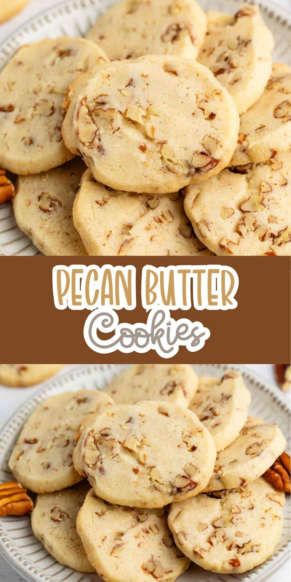 two photos of sliced cookies with pecans baked in and laid out on a grey plate with words on the image reading the name of the recipe.