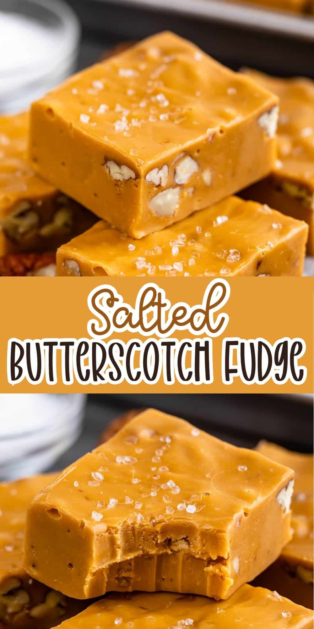 Close-up of thick squares of salted butterscotch fudge, topped with coarse sea salt and containing visible nut pieces. One piece has a bite taken out, showing its creamy texture. Text reads: Salted Butterscotch Fudge.