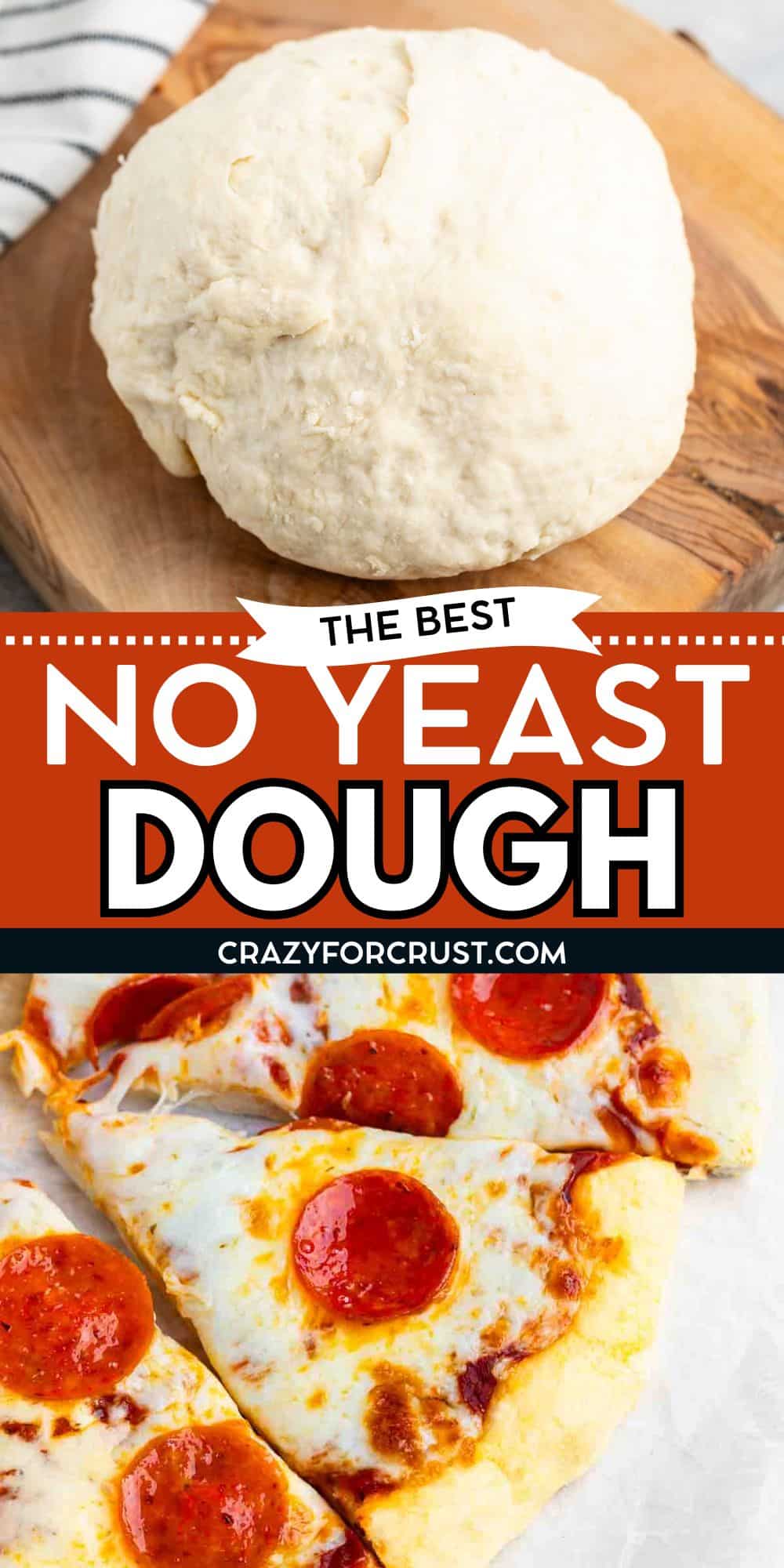 A ball of pizza dough on a wooden board above a photo of a sliced pepperoni pizza; text in the center reads “The Best No Yeast Dough crazyforcrust.com.”.