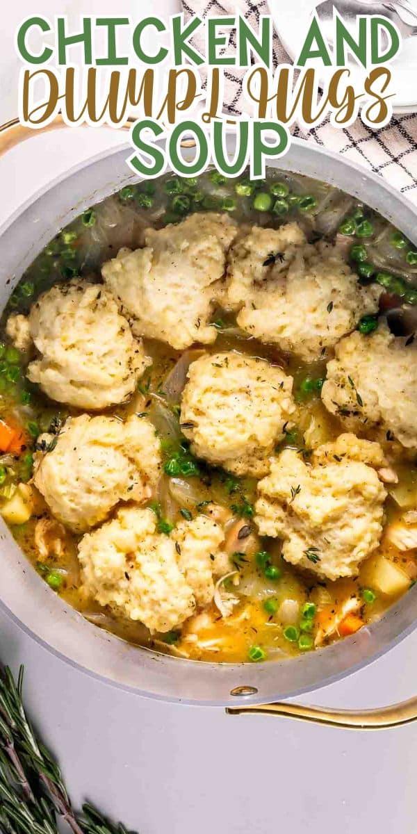 A pot filled with chicken and dumplings soup, topped with round, fluffy dumplings. The soup contains pieces of chicken, carrots, peas, and herbs. Text above the pot reads “Chicken and Dumplings Soup.”.