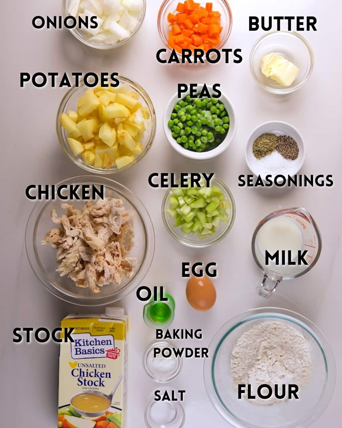 Top-down view of labeled ingredients for pot pie, including bowls of onions, carrots, peas, potatoes, celery, chicken, an egg, milk, flour, butter, oil, stock, salt, baking powder, and seasonings.