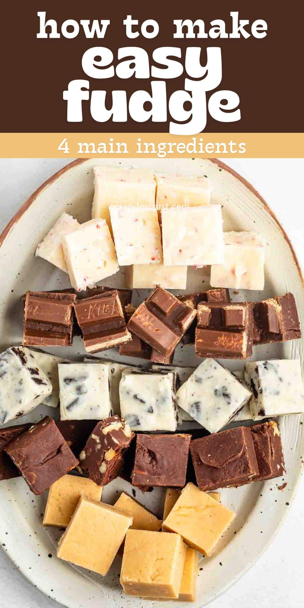 A platter with assorted fudge squares in different flavors and colors, arranged in rows. Text above the image reads: how to make easy fudge – 4 main ingredients.