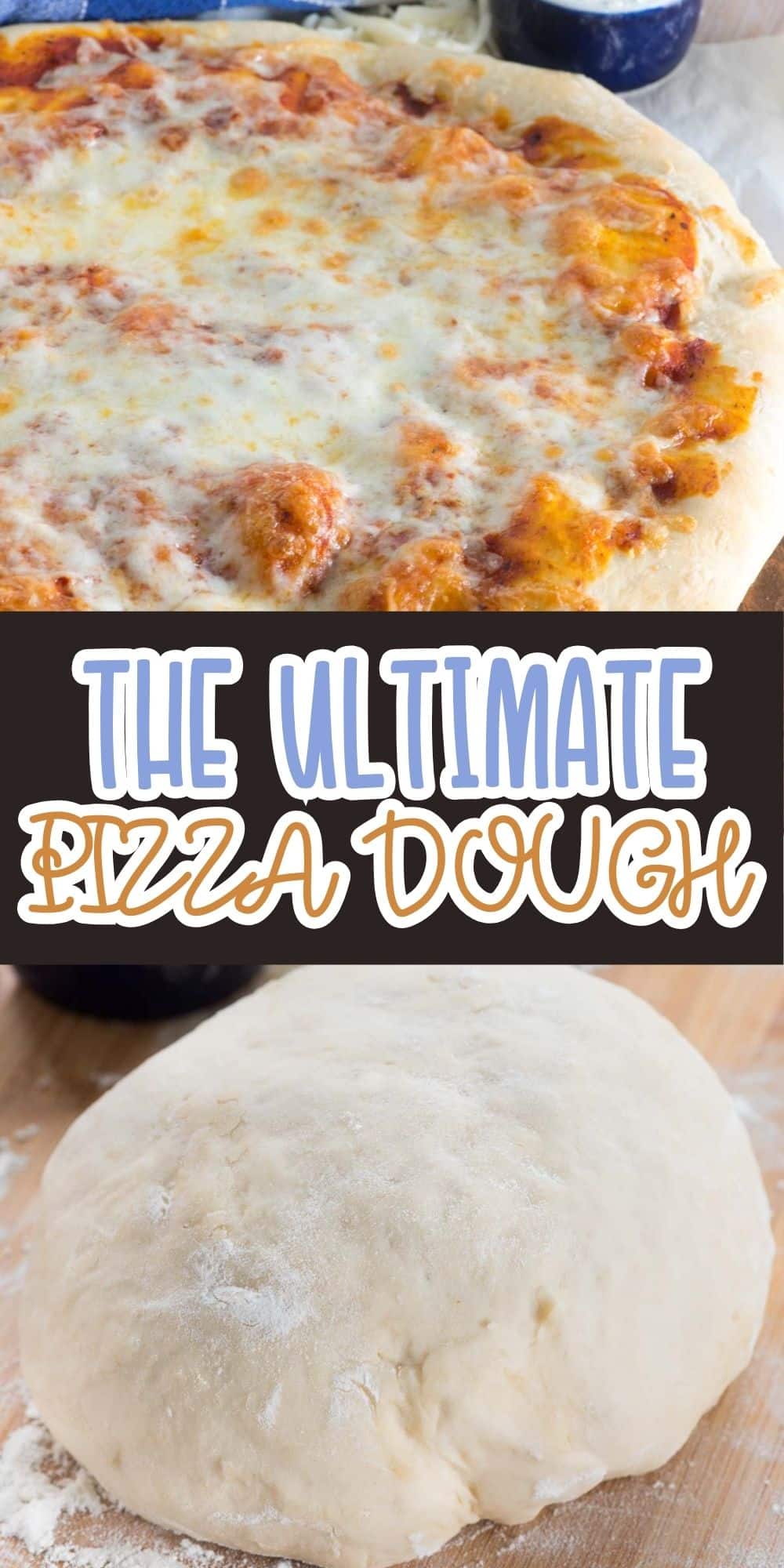 A baked cheese pizza on top, the words The Ultimate Pizza Dough in the middle, and a ball of raw pizza dough on a floured surface at the bottom.