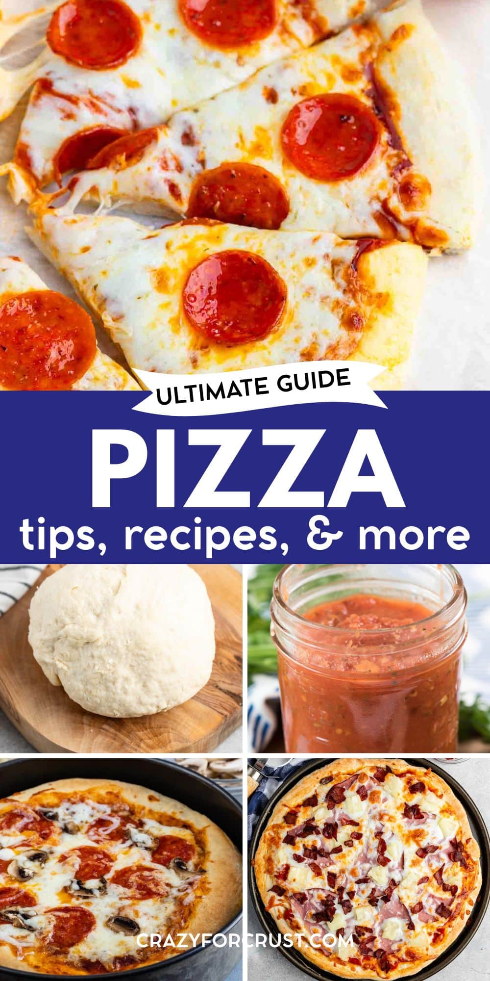 A collage featuring pepperoni pizza slices, pizza dough on a wooden board, a jar of pizza sauce, a baked pepperoni pizza, and a bacon pizza, with the text Ultimate Guide Pizza: tips, recipes, & more.