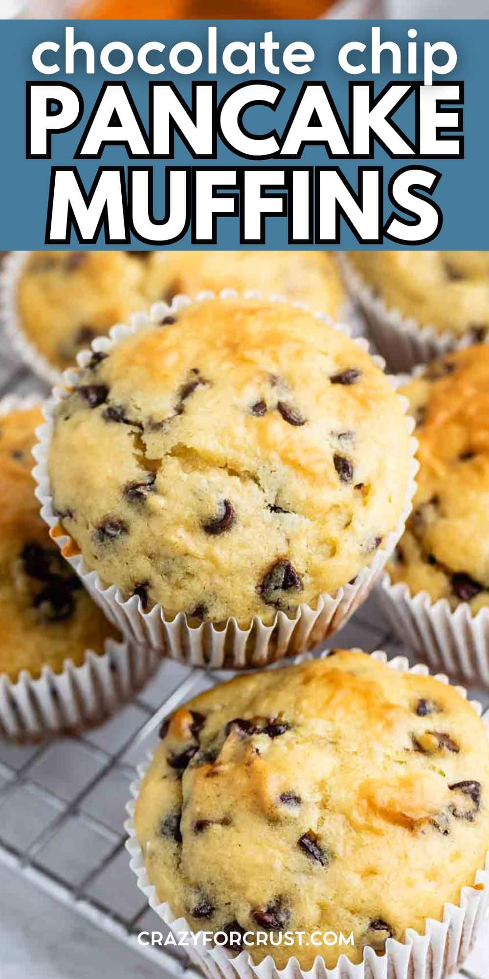 Close-up of golden chocolate chip pancake muffins in white paper liners on a cooling rack, with text at the top reading chocolate chip PANCAKE MUFFINS.