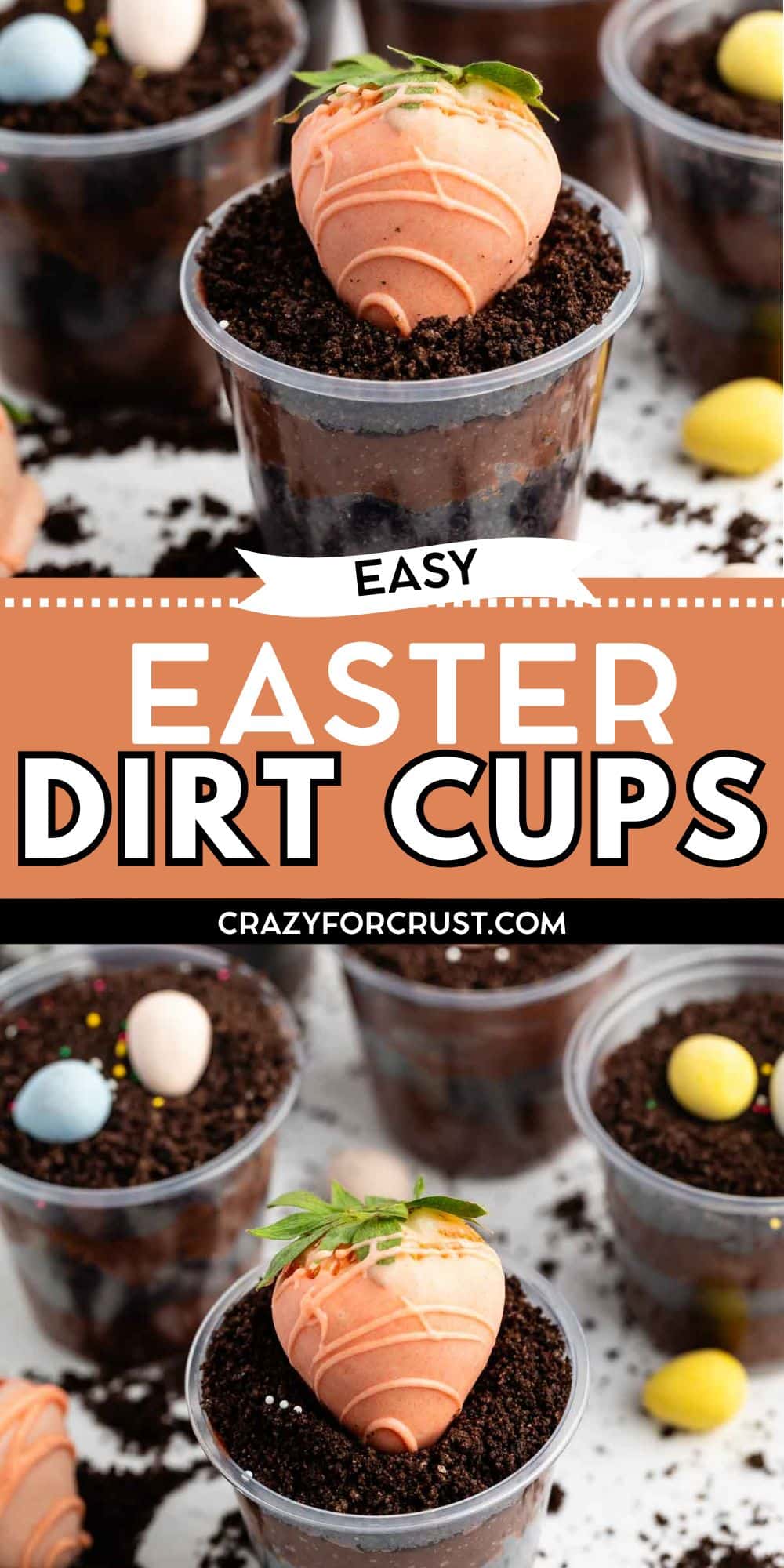A plastic cup filled with chocolate cookie crumbs is topped with an orange chocolate-covered strawberry and small colorful candy eggs, resembling Easter-themed dirt cups. Other similar cups are in the background.