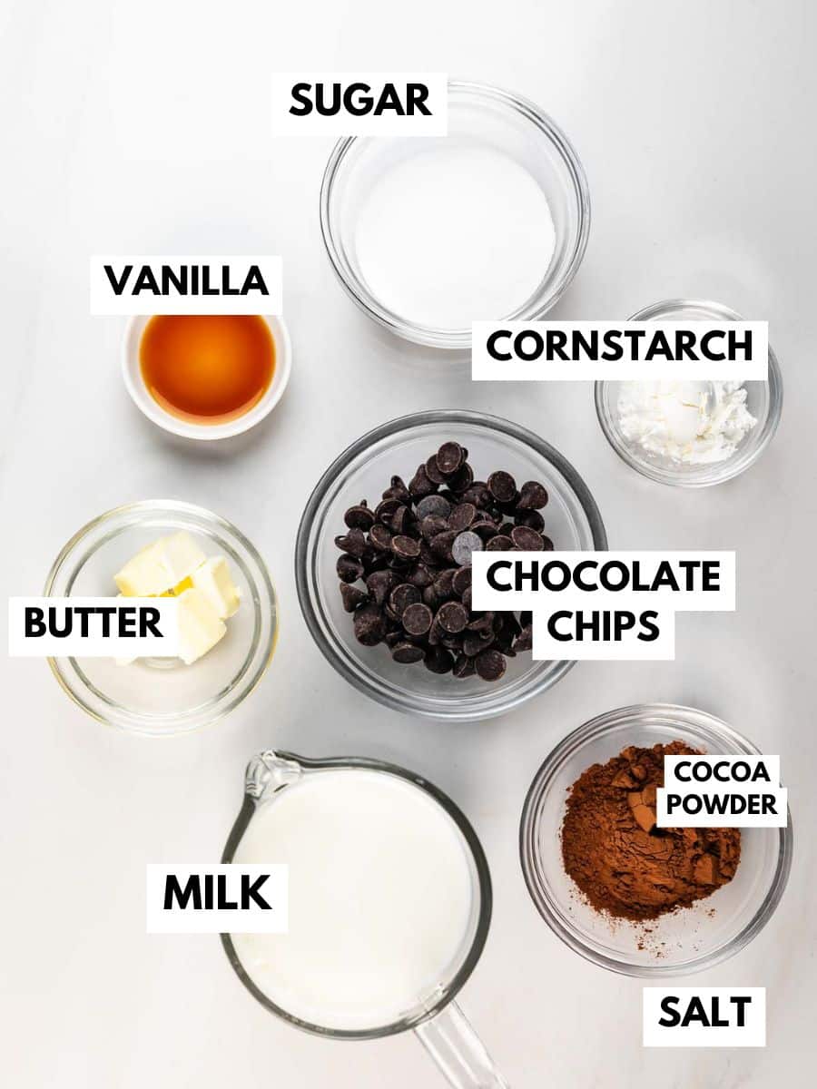 Seven labeled glass bowls containing sugar, cornstarch, vanilla, butter, chocolate chips, cocoa powder, and salt surround a measuring cup of milk on a white surface.