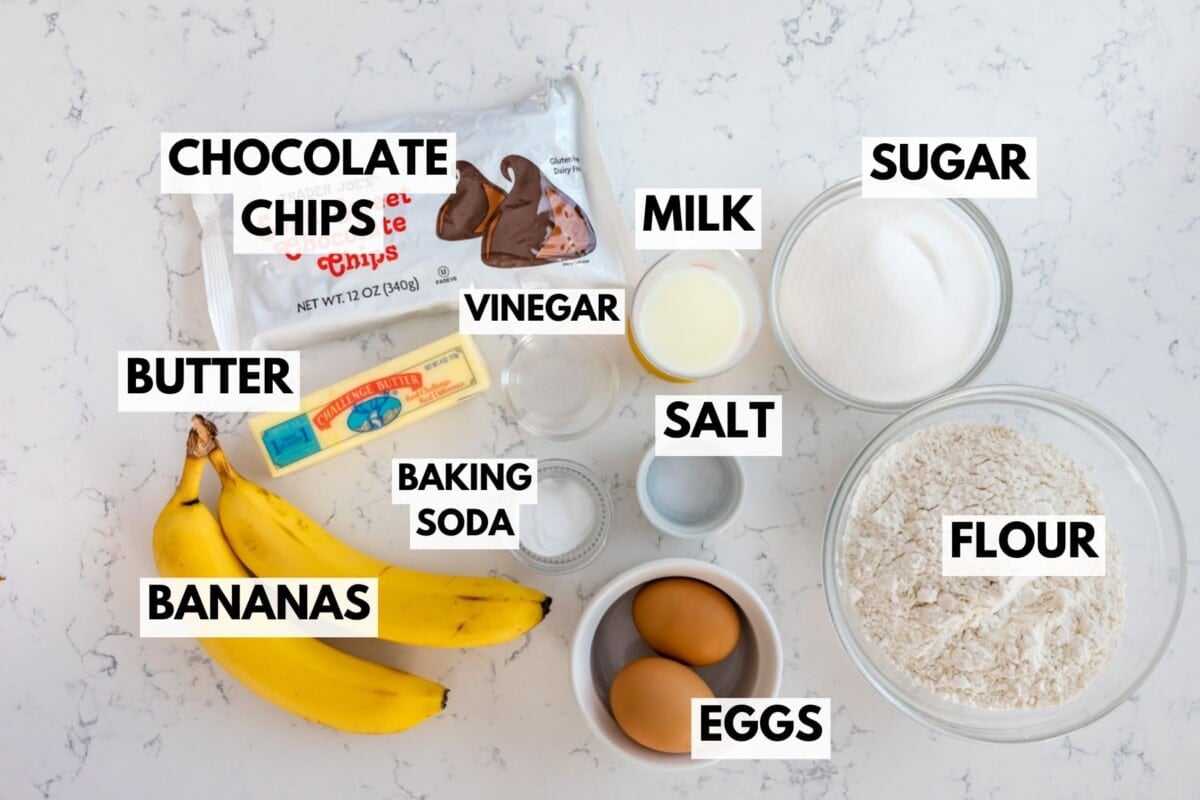 Top-down view of ingredients for banana bread, labeled: chocolate chips, sugar, milk, flour, eggs, bananas, butter, baking soda, salt, and vinegar on a white countertop.