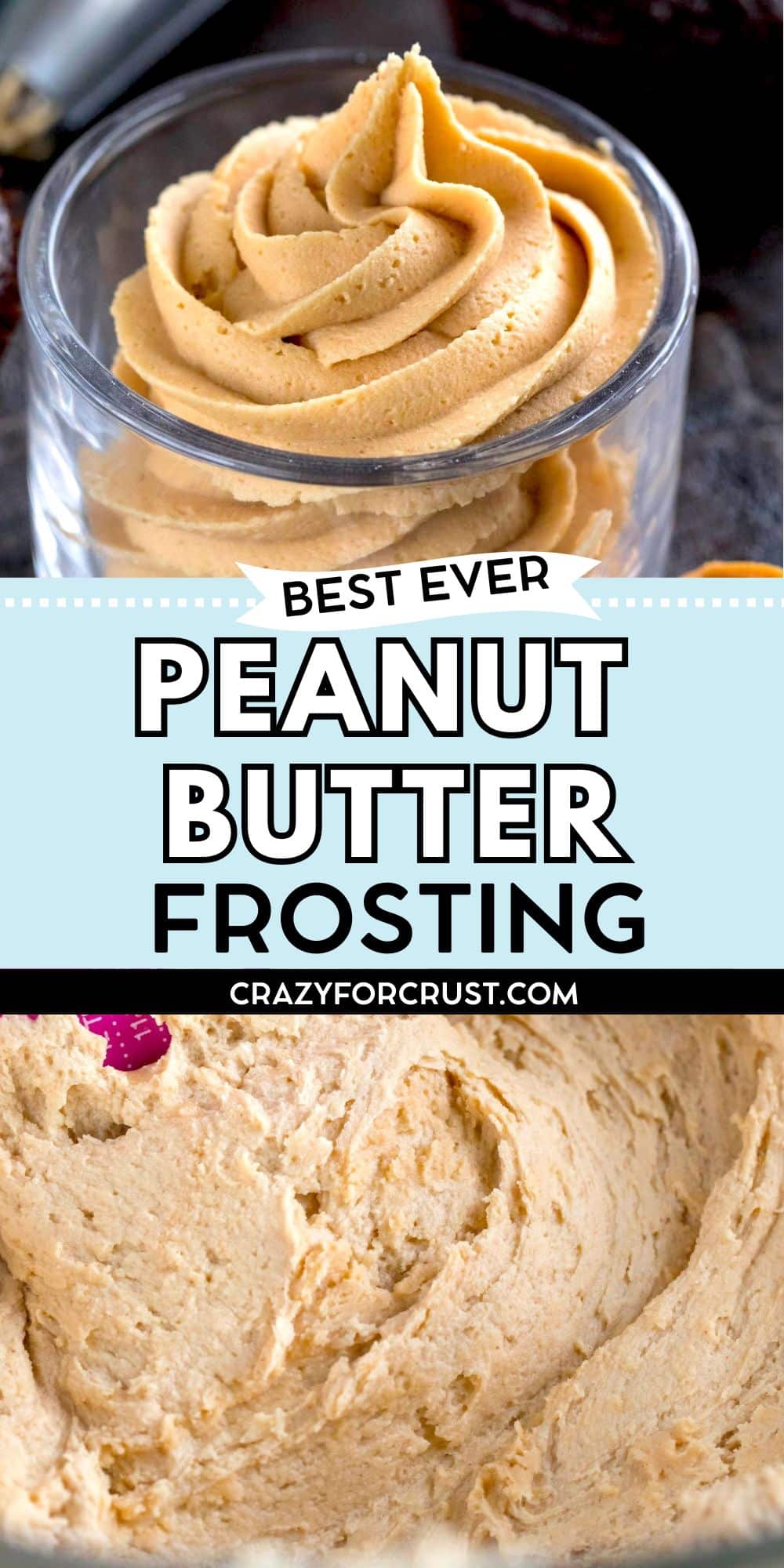 A glass cup filled with swirled peanut butter frosting and a close-up of creamy frosting in a bowl, with text reading Best Ever Peanut Butter Frosting and crazyforcrust.com.
