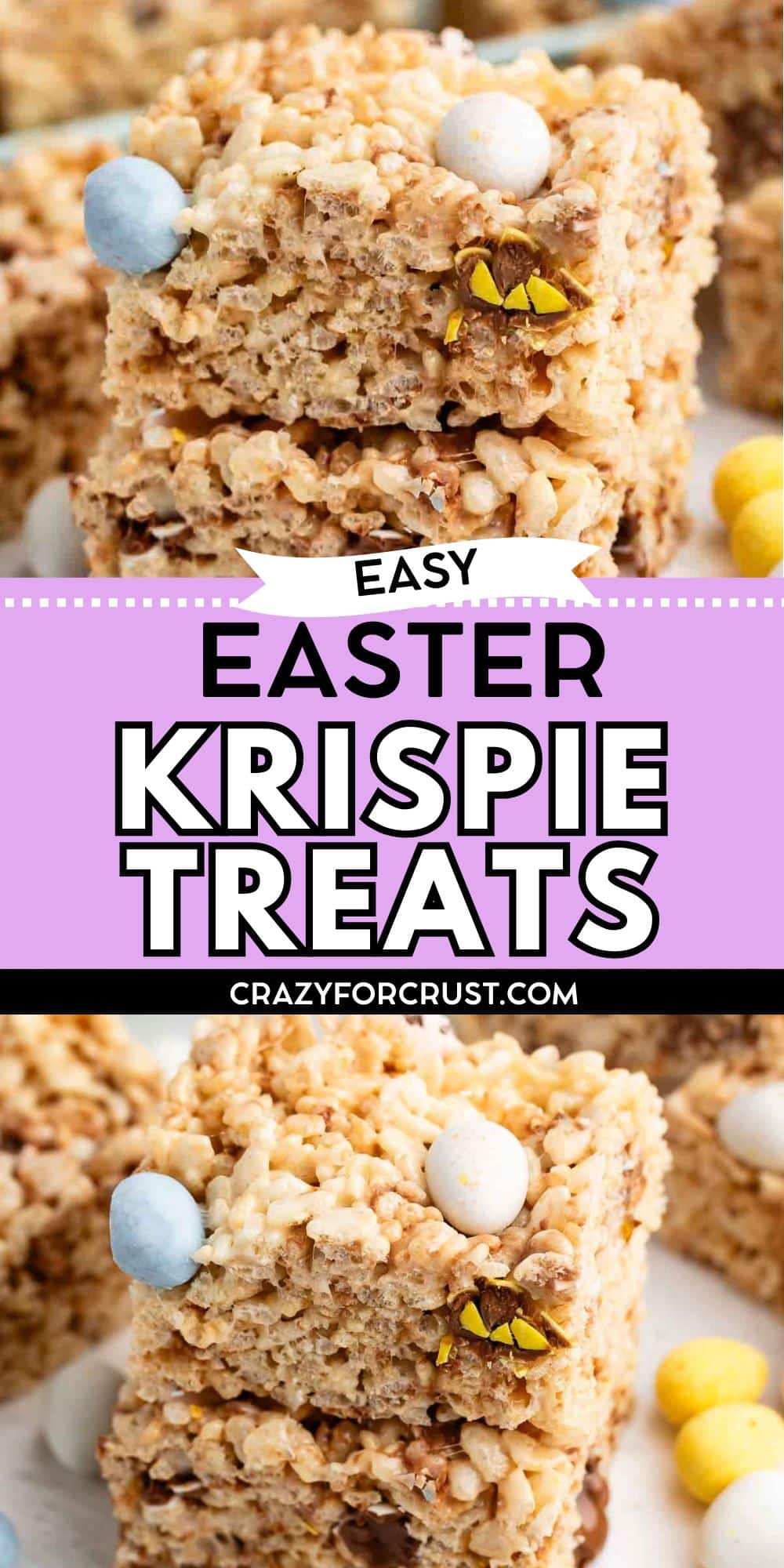 Two rice krispie treat squares topped with pastel candy eggs and candy eyes are stacked, with more treats and Easter candies in the background. Text in the center reads Easy Easter Krispie Treats.