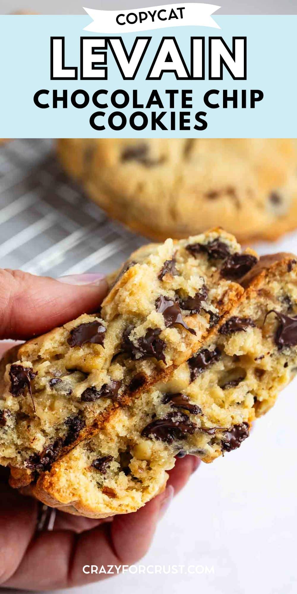 A hand holds a thick, gooey chocolate chip cookie broken in half, revealing melty chocolate chips and nuts inside. A cooling rack with more cookies is in the background. Text reads: Copycat Levain Chocolate Chip Cookies.