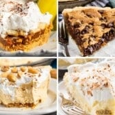 A collage of four different pie slices on plates: banoffee pie with whipped cream and chocolate, chocolate chip cookie pie, peanut butter pie with nuts, and coconut cream pie topped with toasted coconut.