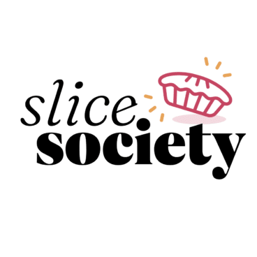 Logo with the words slice. society in black text; above the word society is a pink outline drawing of a pie with orange lines suggesting motion or excitement.