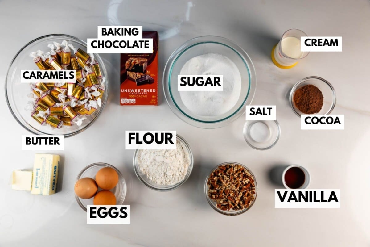 Top-down view of baking ingredients in bowls: caramels, unsweetened baking chocolate, sugar, cream, cocoa, salt, vanilla, chopped pecans, flour, eggs, and butter, each labeled with text.