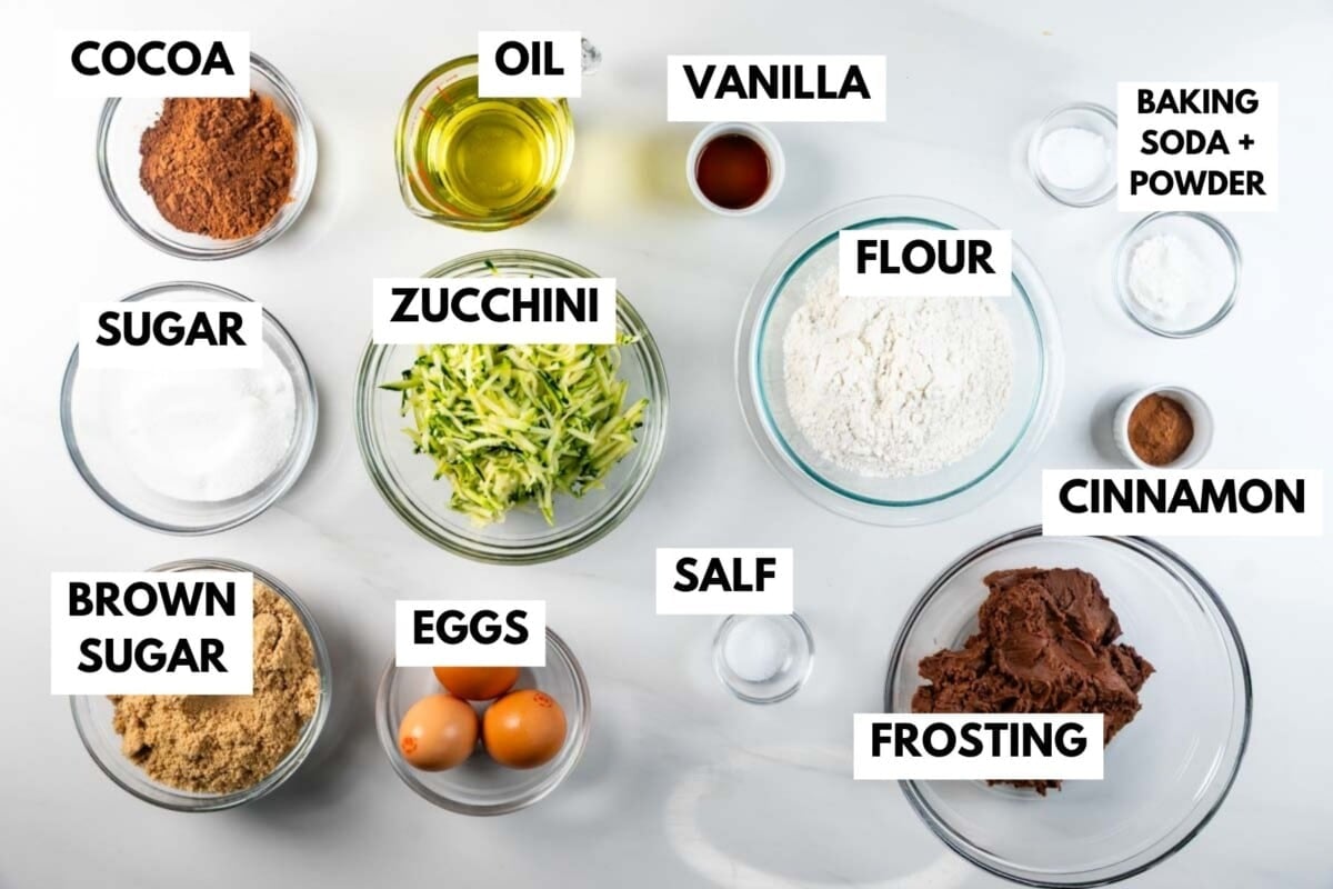 Top-down view of baking ingredients in bowls: shredded zucchini, eggs, flour, cocoa, sugar, brown sugar, oil, vanilla, baking soda and powder, cinnamon, salt, and chocolate frosting. Each is labeled with text.