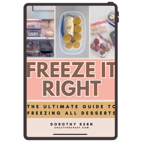 A tablet screen displays a guide titled Freeze It Right: The Ultimate Guide to Freezing All Desserts by Dorothy Kern, with photos of desserts stored in a freezer, in containers, and in bags.