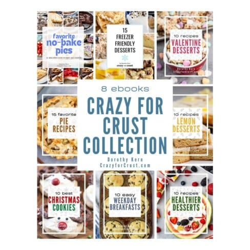 A collage of eight dessert eBook covers with various pies, cookies, and desserts, titled Crazy for Crust Collection by Dorothy Kern. The covers highlight no-bake pies, Christmas cookies, lemon desserts, and more.