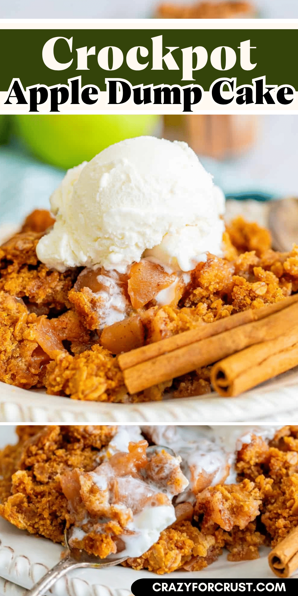 A close-up of Crockpot apple dump cake served with vanilla ice cream on top, cinnamon sticks, and a spoonful of the dessert on a plate. The cake looks moist with visible apple chunks.