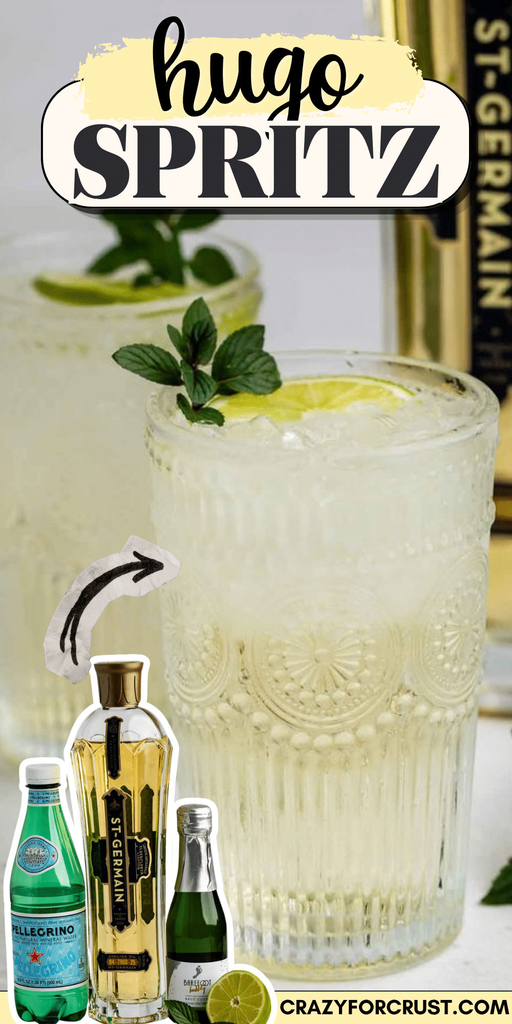 Two ornate glasses of Hugo Spritz, garnished with mint and lemon. Bottles of San Pellegrino, St-Germain, prosecco, and a lime wedge are shown at the bottom. Text reads “Hugo Spritz.”.