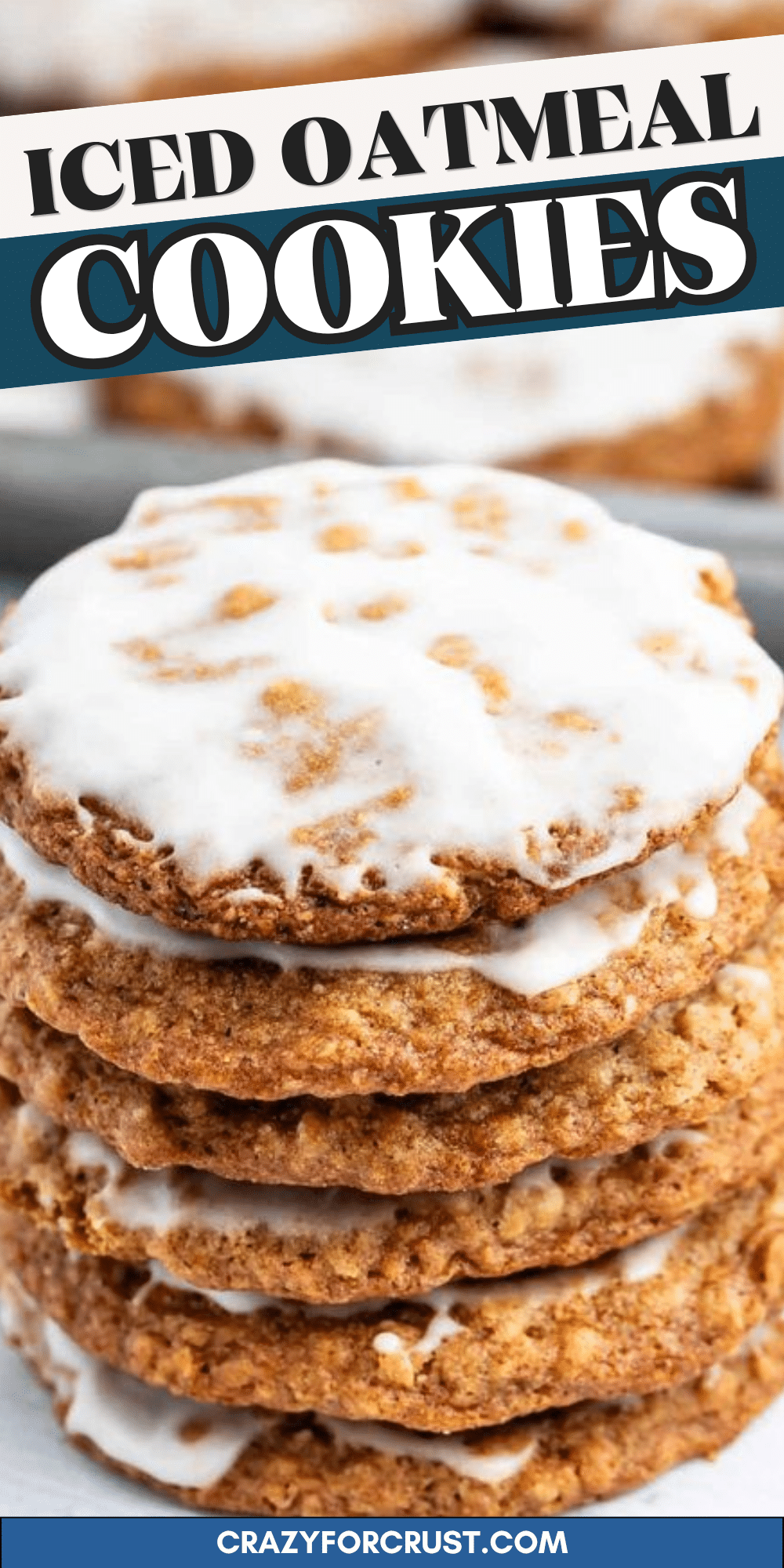 A stack of iced oatmeal cookies with white glaze drizzled on top. The cookies have a textured surface and are stacked on a plate. Text at the top reads Iced Oatmeal Cookies.