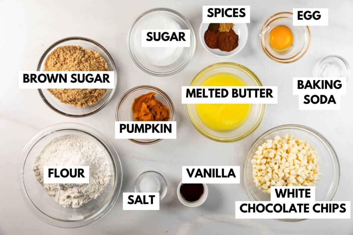 Labeled ingredients for baking: brown sugar, sugar, spices, egg, baking soda, melted butter, pumpkin, flour, salt, vanilla, and white chocolate chips, all arranged in clear bowls on a white surface.