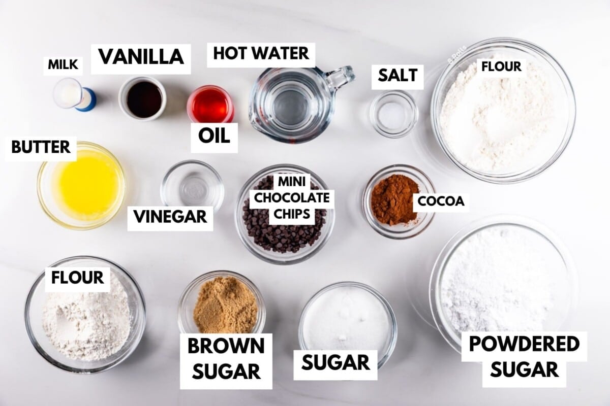 Baking ingredients labeled on a white surface: milk, vanilla, hot water, salt, flour, butter, oil, vinegar, brown sugar, sugar, mini chocolate chips, cocoa, and powdered sugar in bowls and cups.