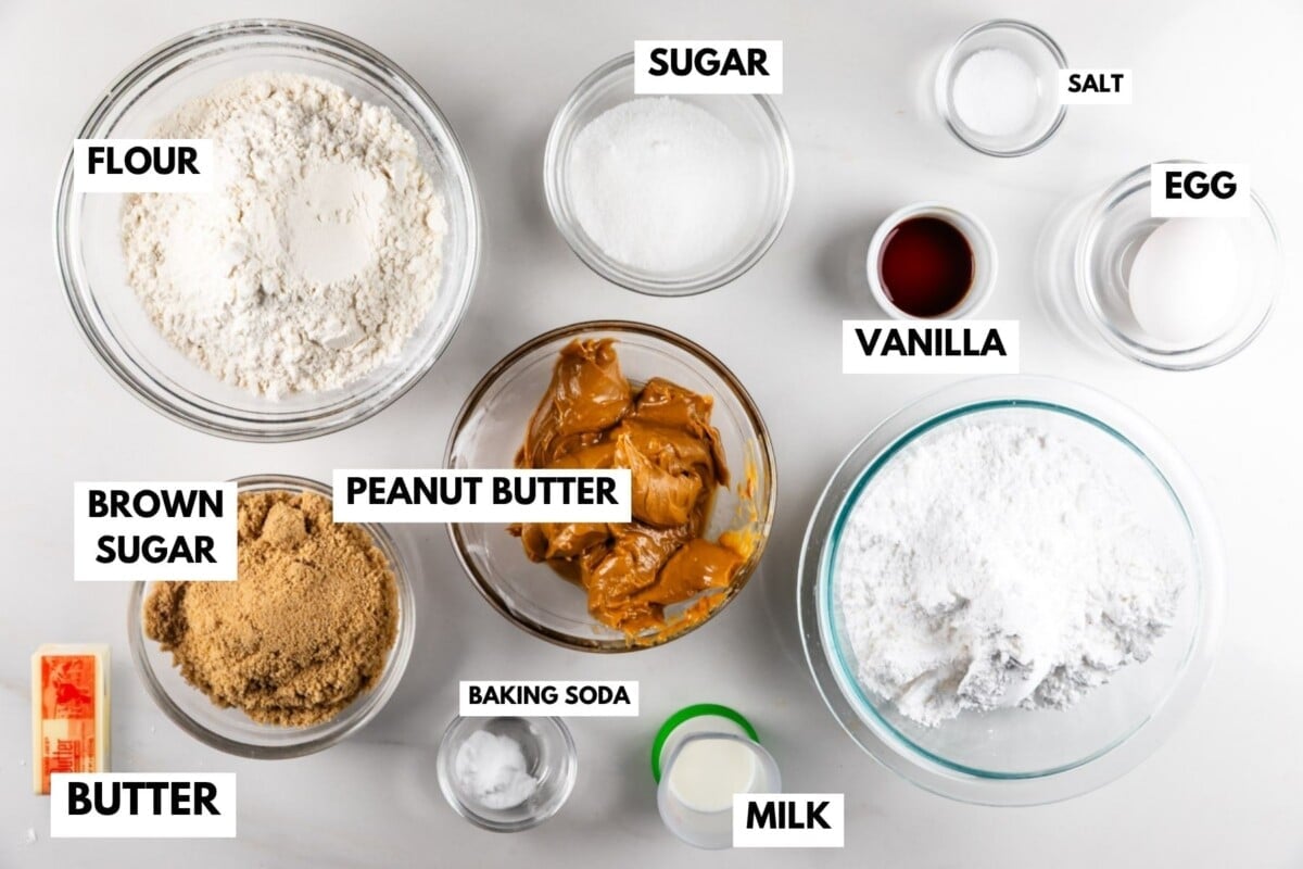 Baking ingredients in bowls labeled flour, sugar, brown sugar, peanut butter, butter, egg, vanilla, milk, salt, baking soda, and powdered sugar, arranged on a white surface.