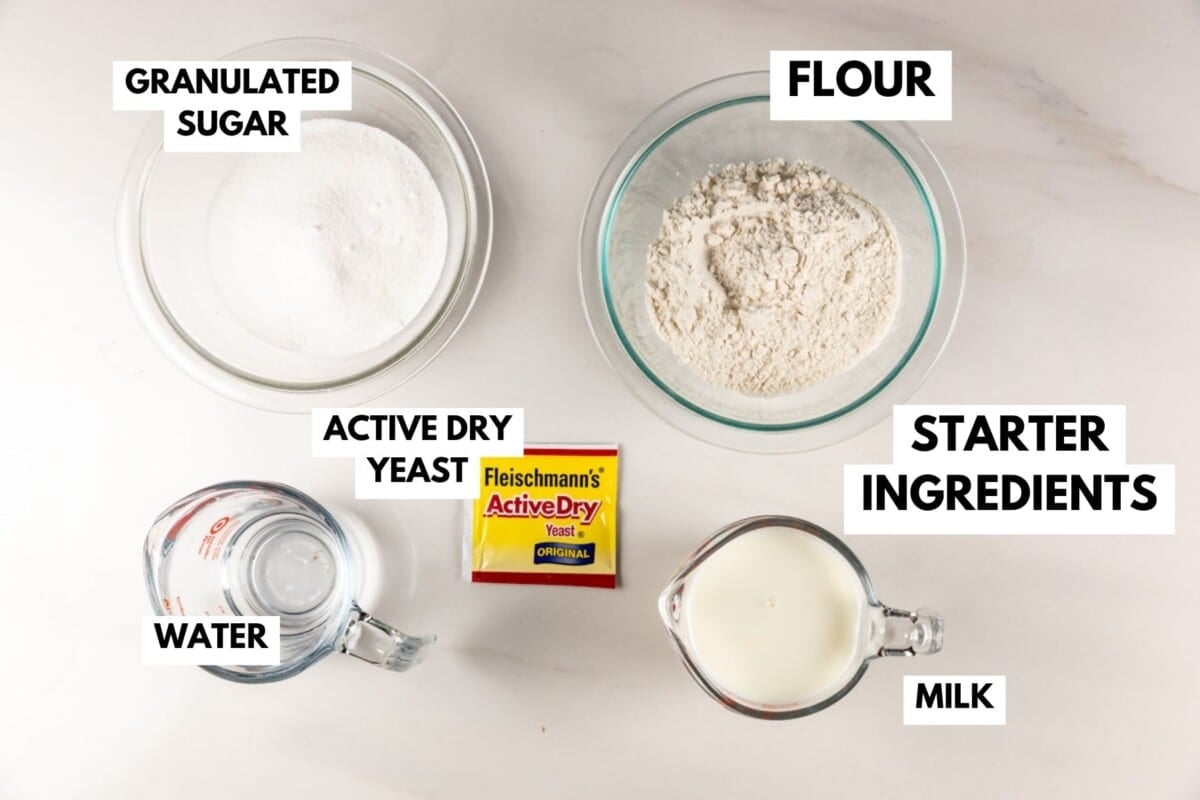 Five labeled starter ingredients on a white surface: a bowl of granulated sugar, a bowl of flour, a measuring cup of water, a packet of active dry yeast, and a measuring cup of milk.