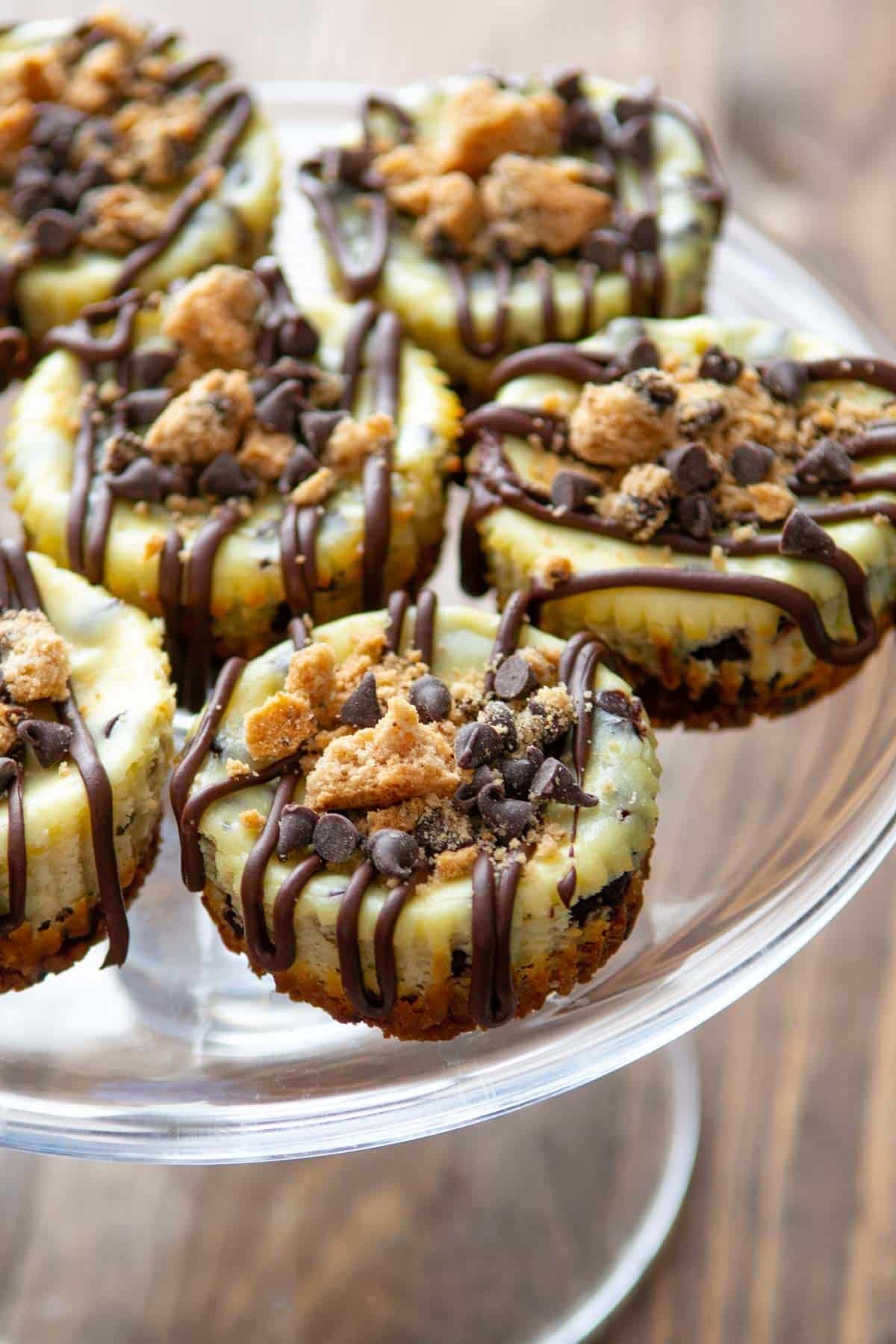 Mini cheesecakes topped with chocolate drizzle, cookie crumbles, and chocolate chips are displayed on a glass cake stand with a wooden surface in the background.