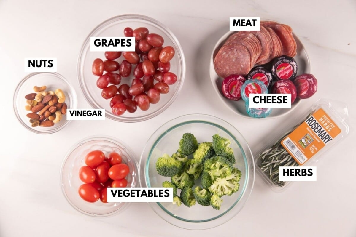 Flat lay of snack ingredients labeled Nuts, Grapes, Meat, Cheese, Vegetables, and Herbs arranged on a white surface.