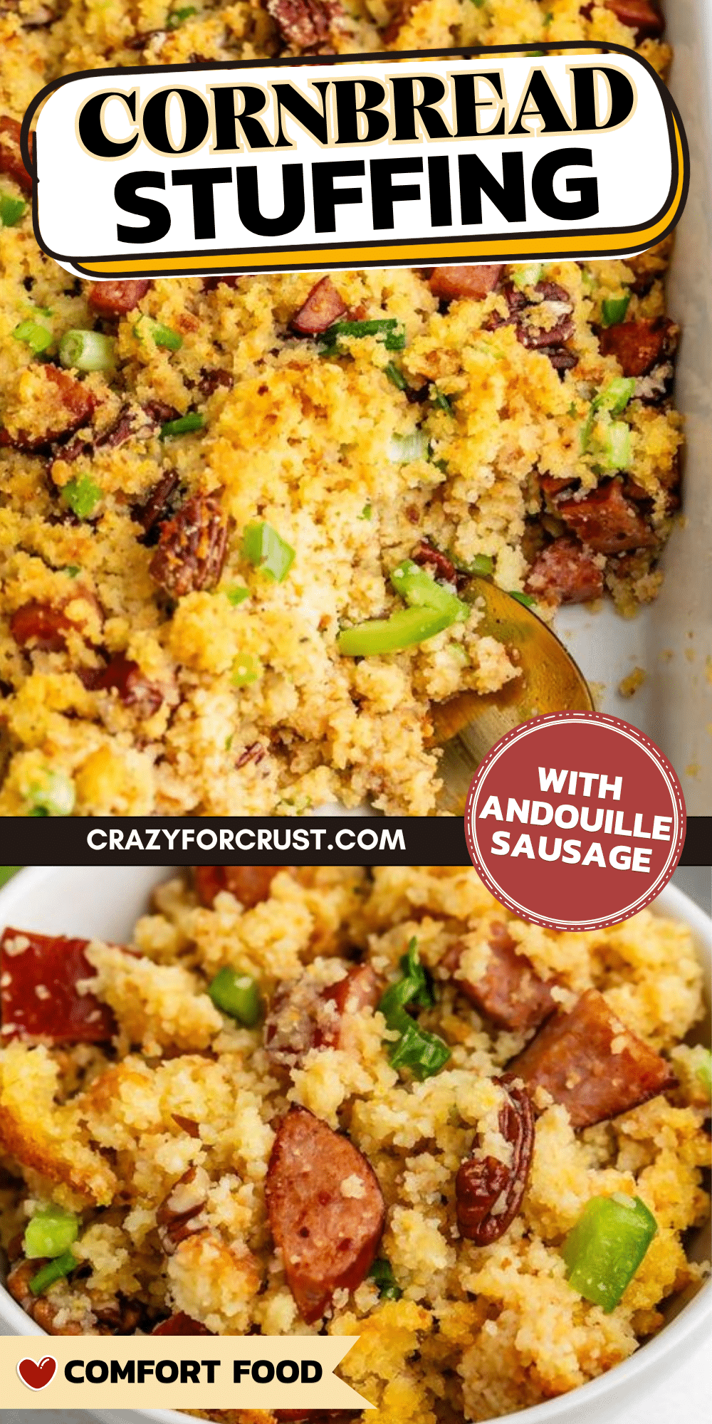 Cornbread stuffing with andouille sausage and green onions in a baking dish and a serving bowl.