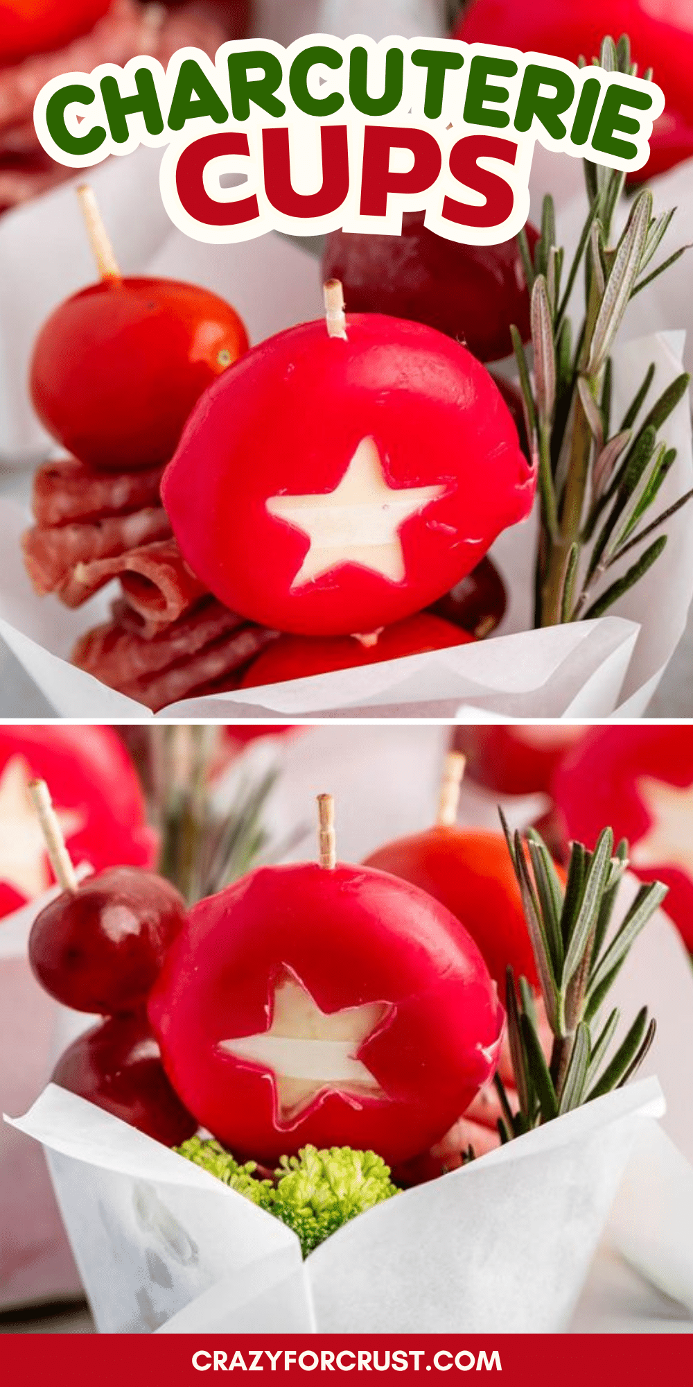 Charcuterie cup featuring a mini Babybel cheese round with a star-shaped cutout, grapes, salami, and a sprig of rosemary.