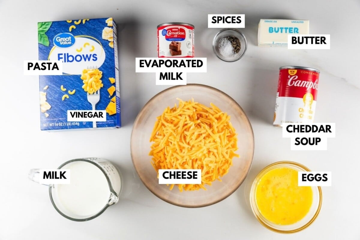 Ingredients for macaroni and cheese, including a box of elbow pasta, a can of evaporated milk, a can of cheddar soup, shredded cheese, eggs, milk, butter, and a small bowl of salt and pepper.