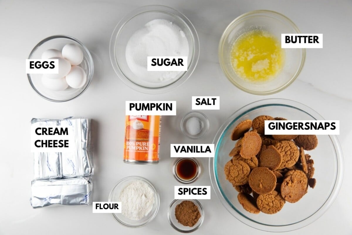 Ingredients for pumpkin cheesecake with labels identifying eggs, sugar, butter, cream cheese, pumpkin puree, salt, vanilla, flour, spices, and gingersnap cookies.